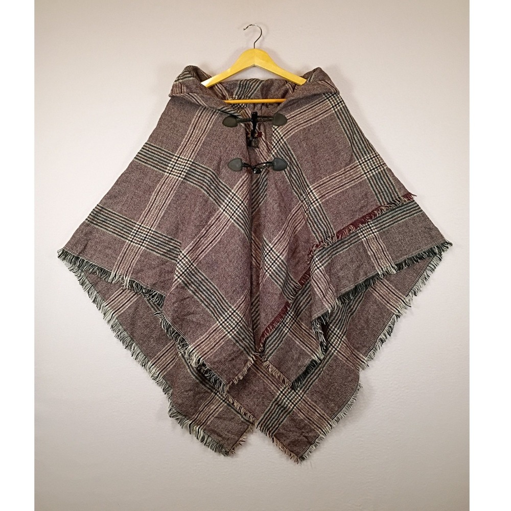 Cottagecore Altare Womens OS Burgundy Plaid Toggle Closure Fringed Poncho Wrap